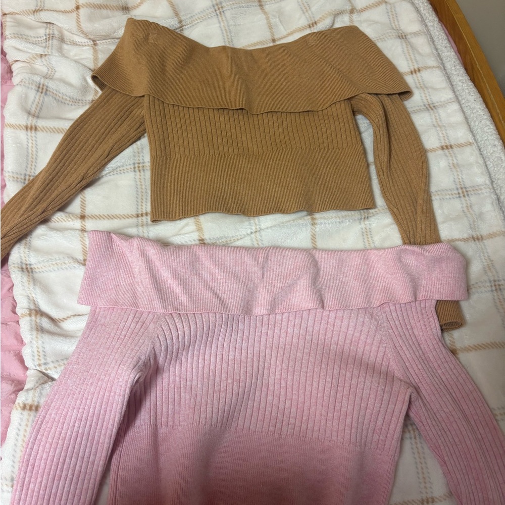 Women's Off-Shoulder Sweater - Pink and Tan